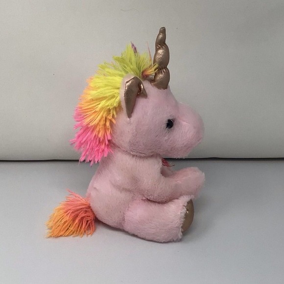 Pink Rose Gold Metallic Unicorn with Bow 10" Plush Yellow Pink Mane Stuffed Toy - Picture 4 of 9